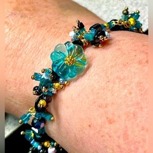 Teal and Gold Floral Bracelet